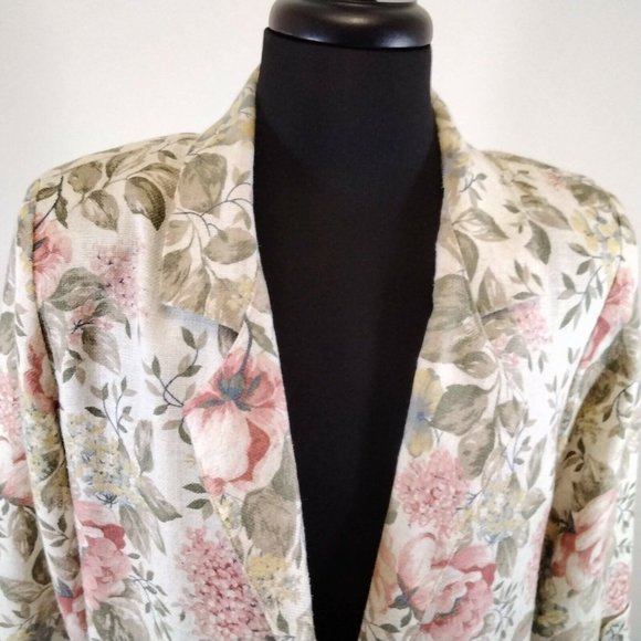 Joanna Sport Women Jacket Beige Floral Boyfriend Blazer Size Medium Vintage Rose - Picture 9 of 12